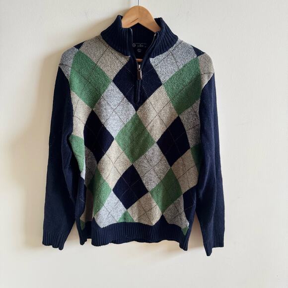 J Crew Lambswool Sweater Mens Medium Blue Argyle Diamond Quarter Zip Pullover - Picture 1 of 12